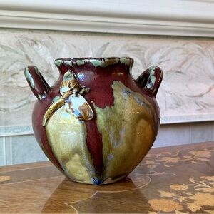 Studio Art Dragonfly Design Handcrafted Pottery Jug Red Maroon Drip Glaze Signed